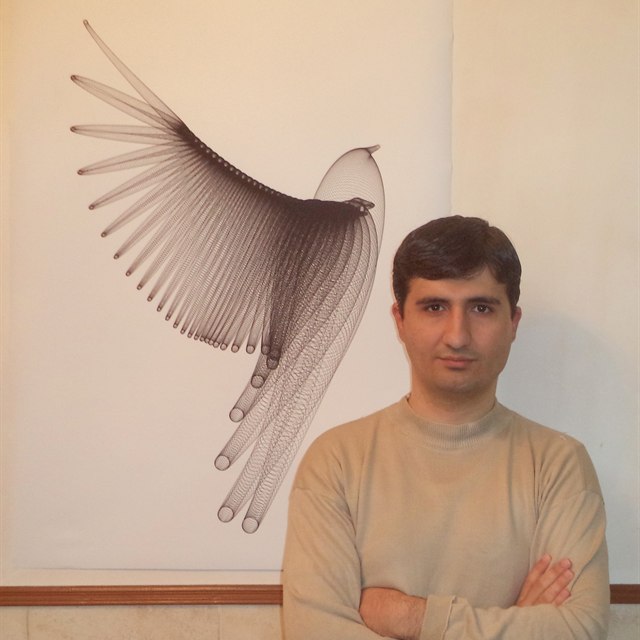 Hamid Naderi Yeganeh standing beside his artwork A Bird in Flight